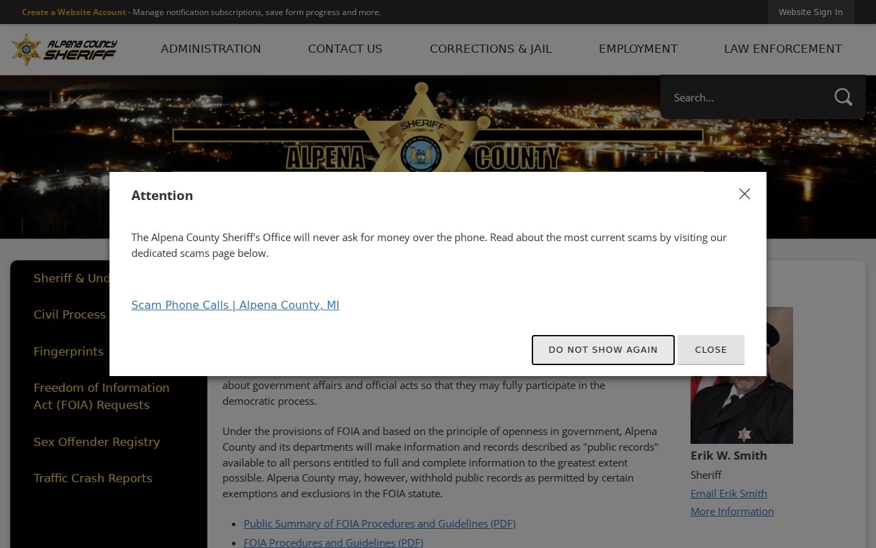 Alpena County most wanted list records route through the Sheriff FOIA page