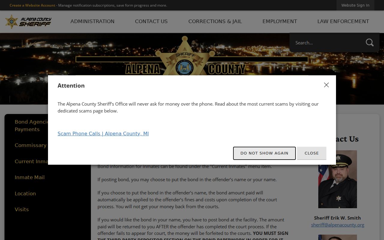 Alpena County active warrant bond types including PR, no bond, cash only, and 10 percent