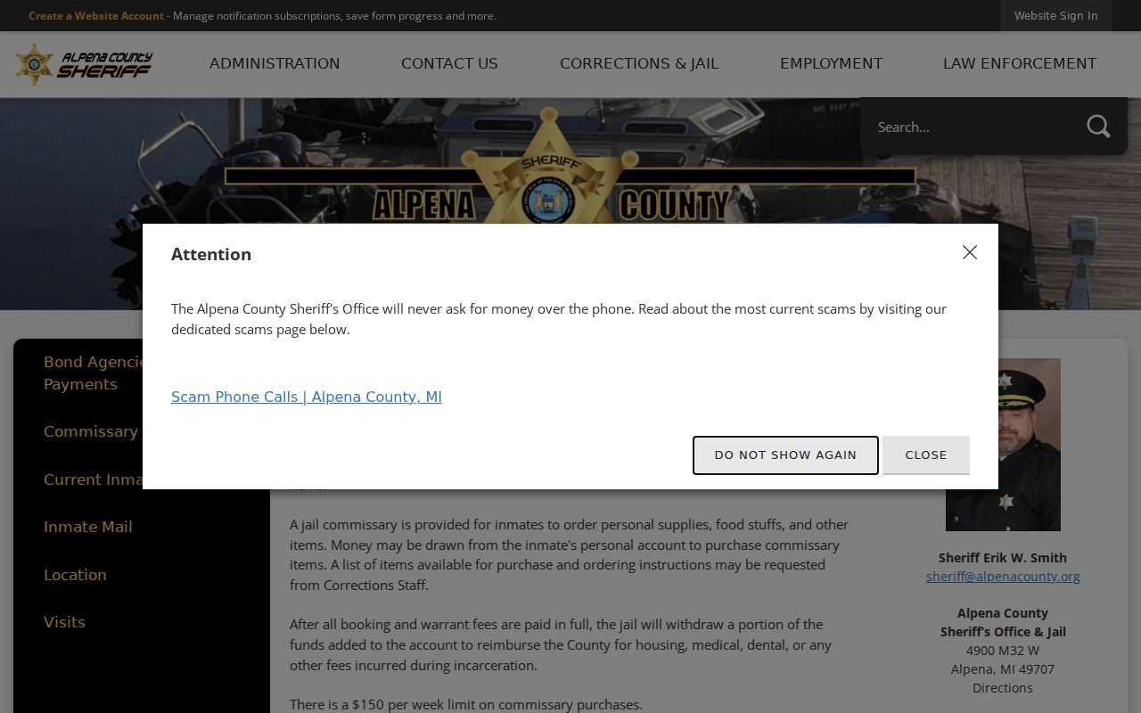 Alpena County active warrant bond and fee payment information at the jail lobby kiosk