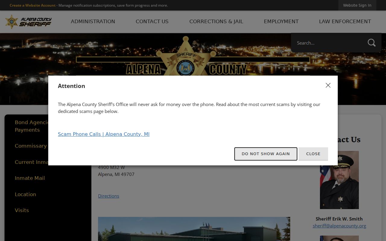 Alpena County active warrant service and bond location at the 2021 Sheriff's Office jail