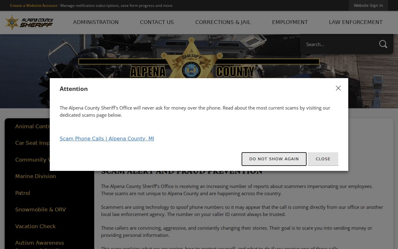 Alpena County traffic warrant payment scam warning from the Sheriff
