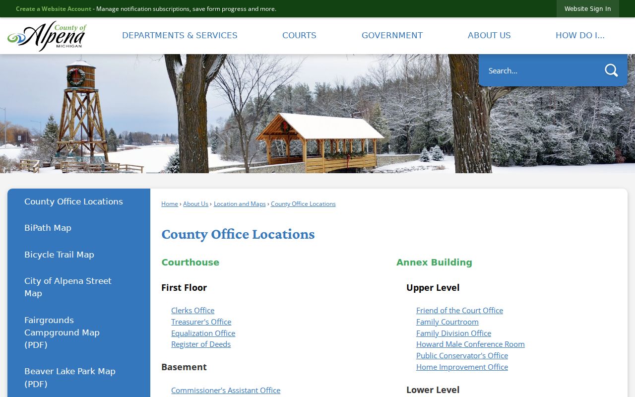 Alpena County bench warrant court and clerk offices at the courthouse and annex