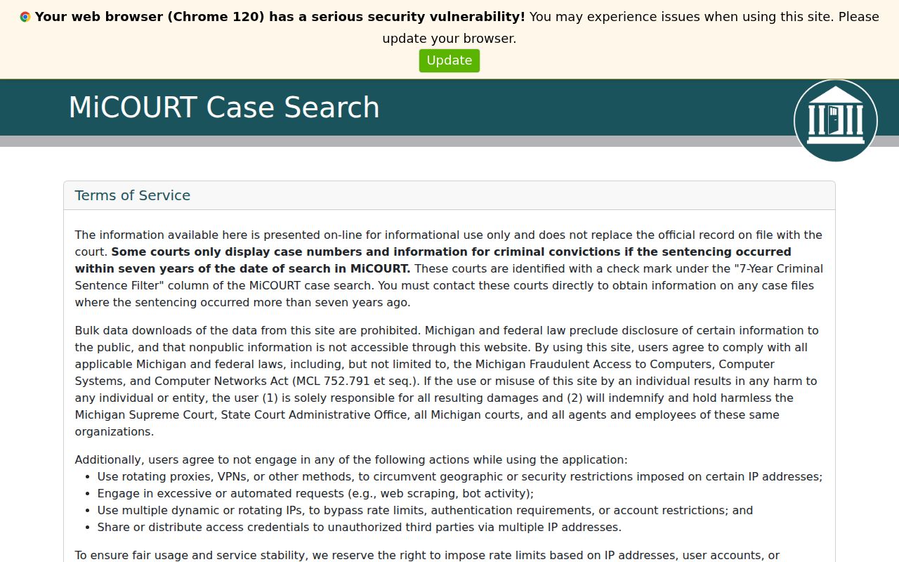 Alpena County warrant records check using the MiCOURT public case search interface